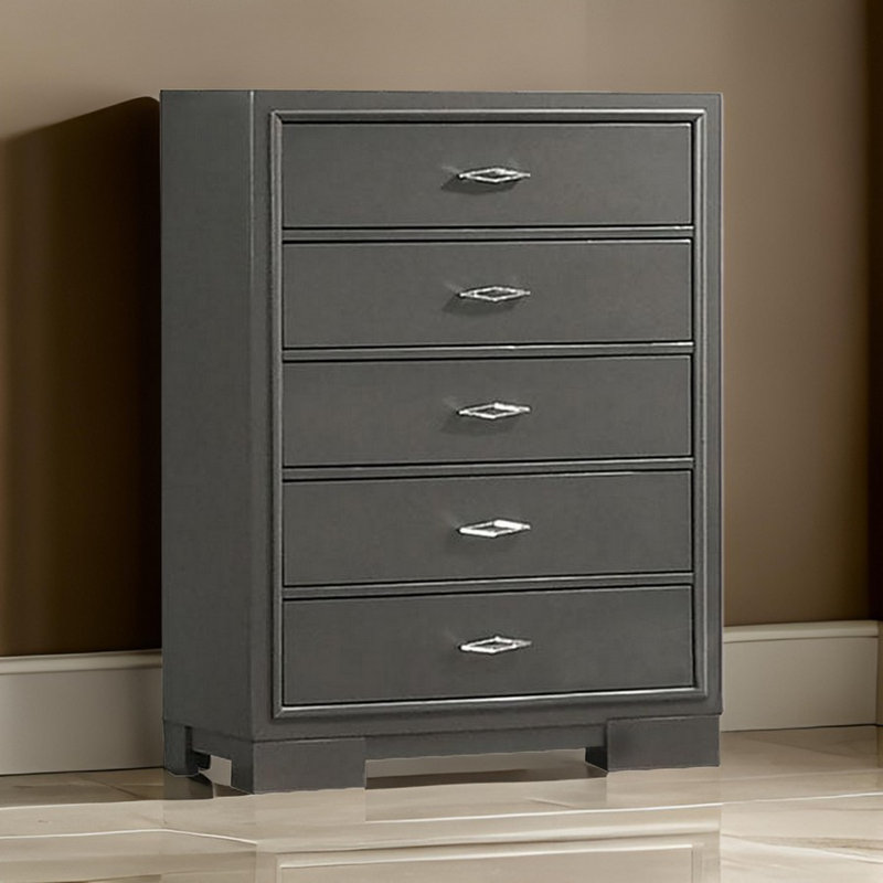 Commode haute 5 tiroirs Aliso, 5 tiroirs, bois massif, finition gris foncé