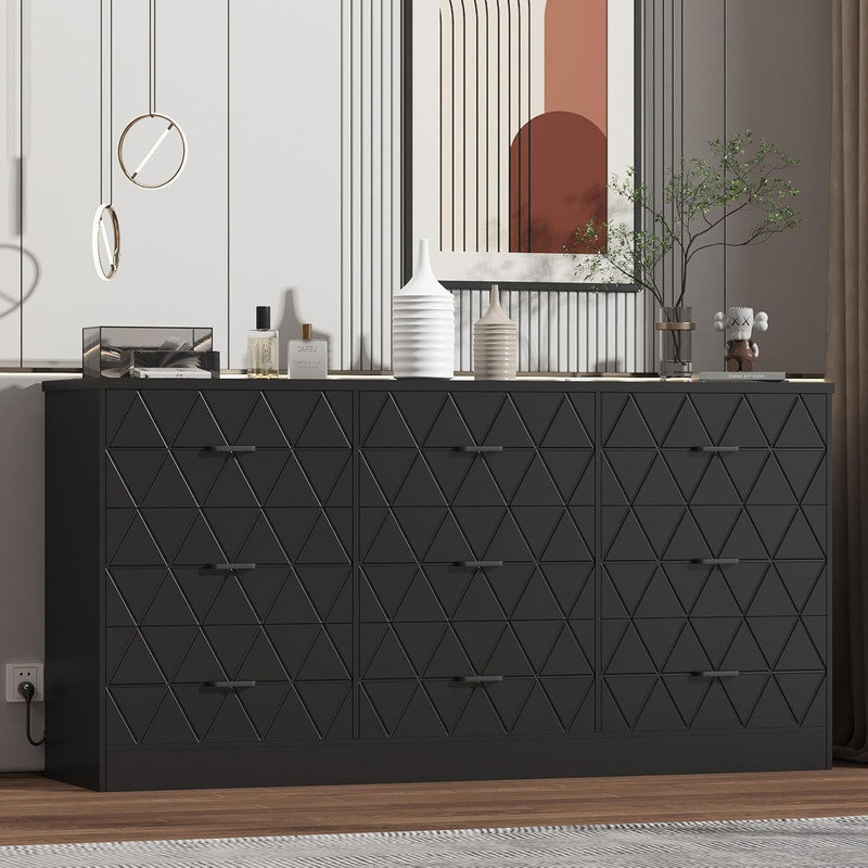 63" 9-Drawer Dresser with Power Outlet - Modern Charging Station & Storage for Bedroom & Living Room, Black