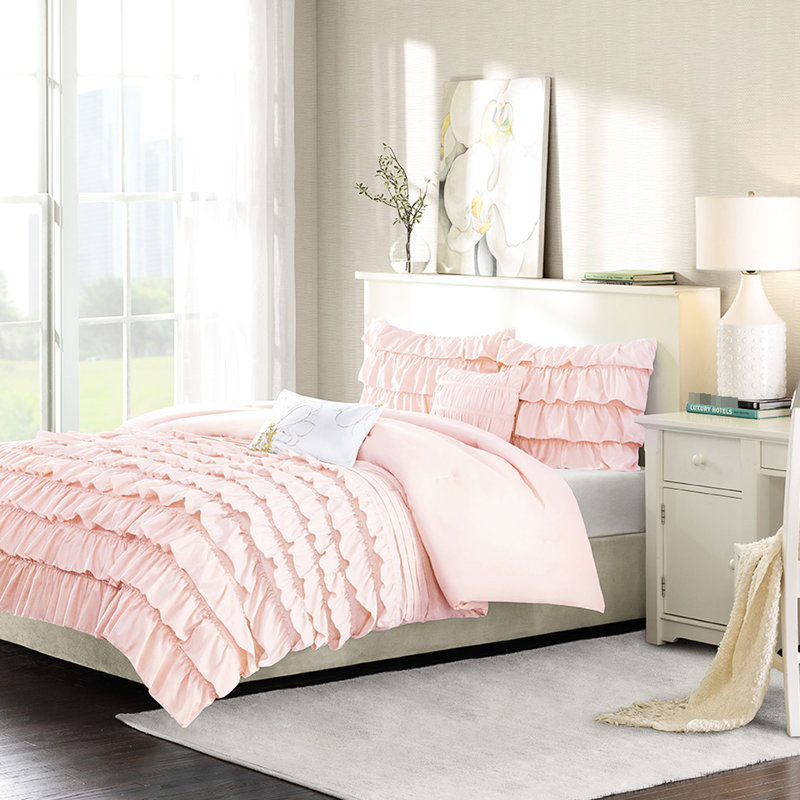 Full/Queen Blush Ruffle Bed With Comforter, 2 Decorative Pillows, Soft Bedding Shams, Pillows
