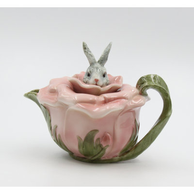 Pink Rosy Rabbit Floral Teapot- 5 3/4"H 