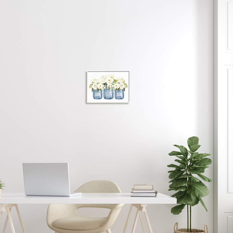 Bouquets de fleurs roses blanches, H 11 po x l 14 po x P 1,5 po, Giclée encadrée blanc bord de mer