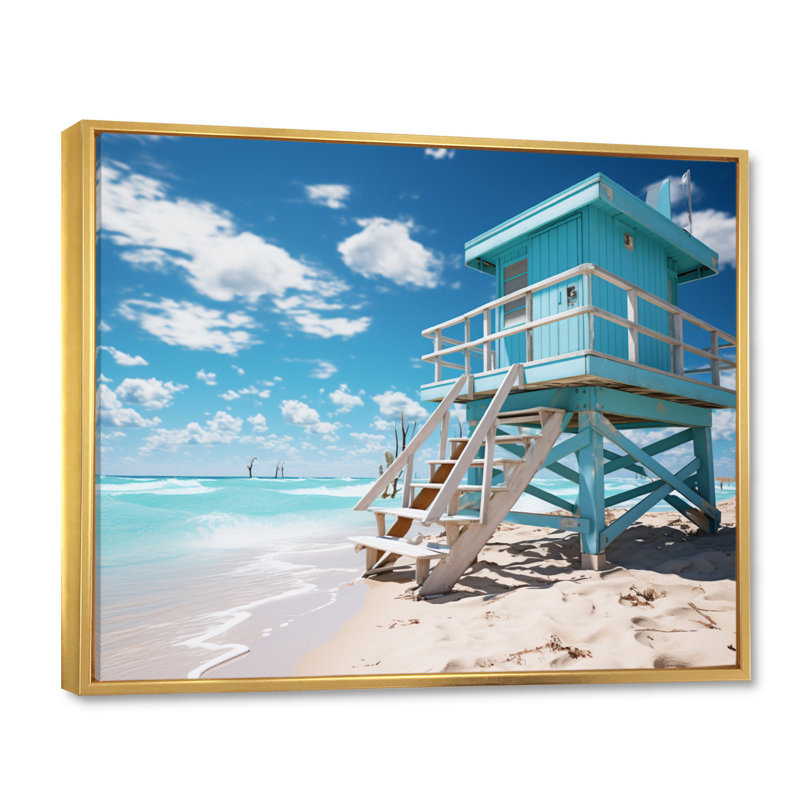 Turquoise Miami Lifeguard Whispers II, reproduction d'art sur toile, H 34 po x l 44 po x P 1,5 po, Cadre flottant doré