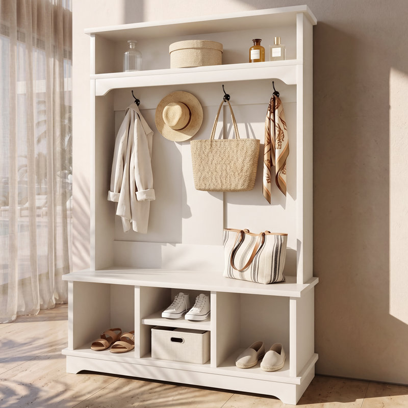 Coat Rack with Shoe Storage,  Hall Tree with Shoe Bench, 4 Shoe Cubbies, 1-TierTop Storage, White