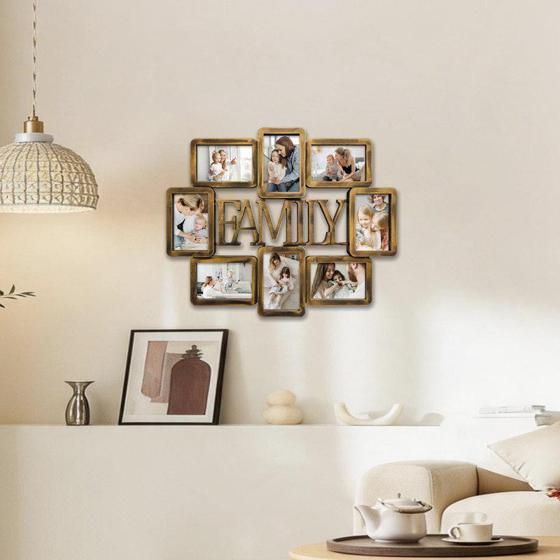 8 Opening White Family Collage PVC Photo Frame with 3D FAMILY Letter Center, Irregular Wall Gallery Frame for Uniform 4x6 Family Photos, Gold