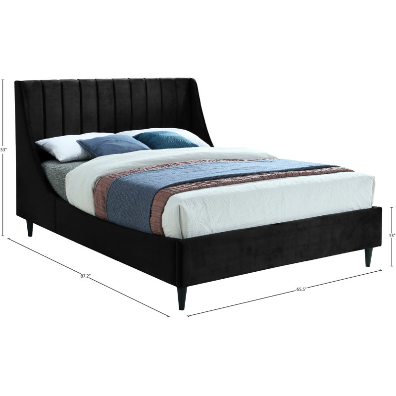 Eva Upholstered Low Profile Platform Bed, Queen, Black Velvet
