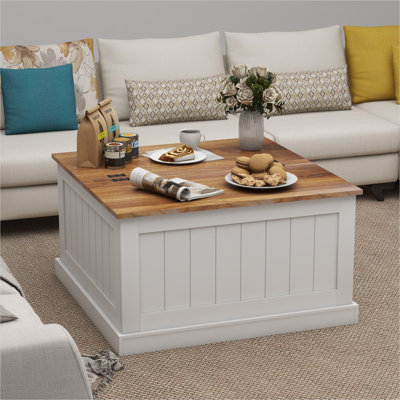 Table basse en bois manufacturé blanc épuré avec rangement surélevé, table centrale carrée de style campagnard pour le salon