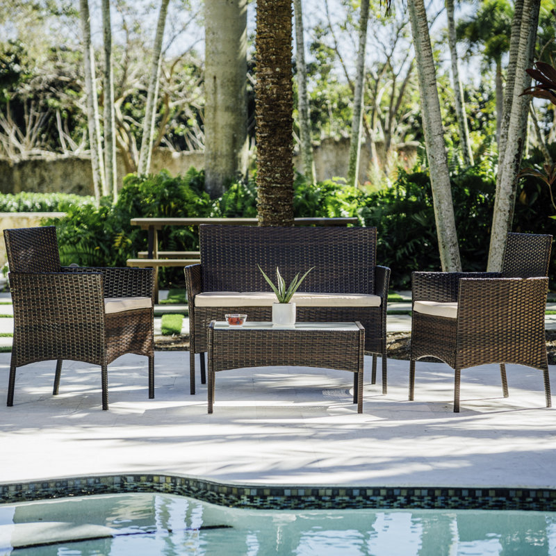 4-Person Outdoor Seating Group with Cushions, Brown Frame/Beige Cushion