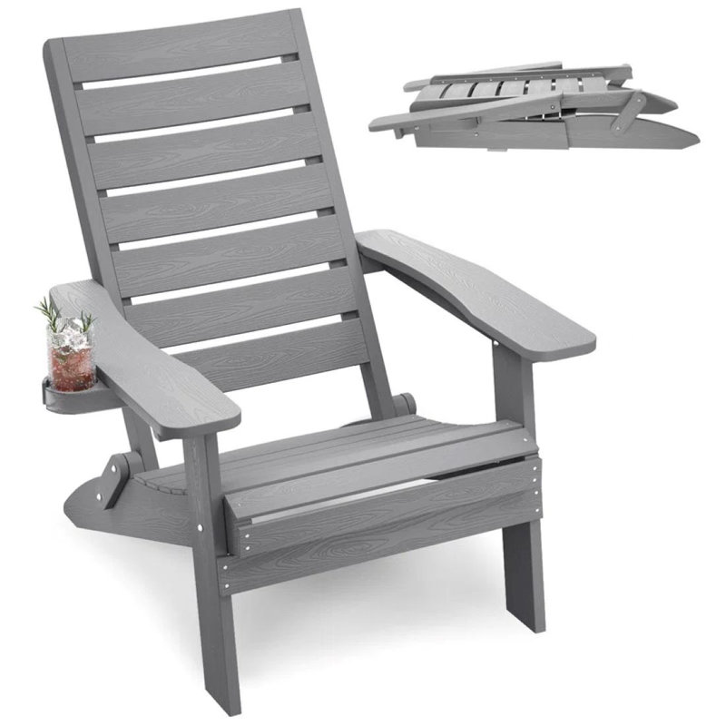 Chaise Adirondack pliante d'extérieur surdimensionnée pour tout terrain avec support pour gobelets Chaise Adirondack en plastique pour patio, jardin, pelouse, piscine, gris