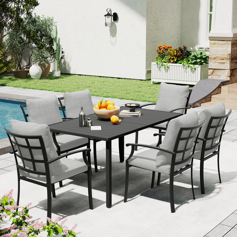 Maynard 7-Piece Black Metal Patio Dining Set With Rectangular Table And Gray Cushions, Gray