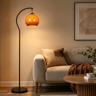 Lampe sur pied arquée, lampadaire sur pied à col de cygne en métal noir courbé, abat-jour globe en verre orange, idéal pour le salon, la chambre ou le bureau (décoration de lecture).