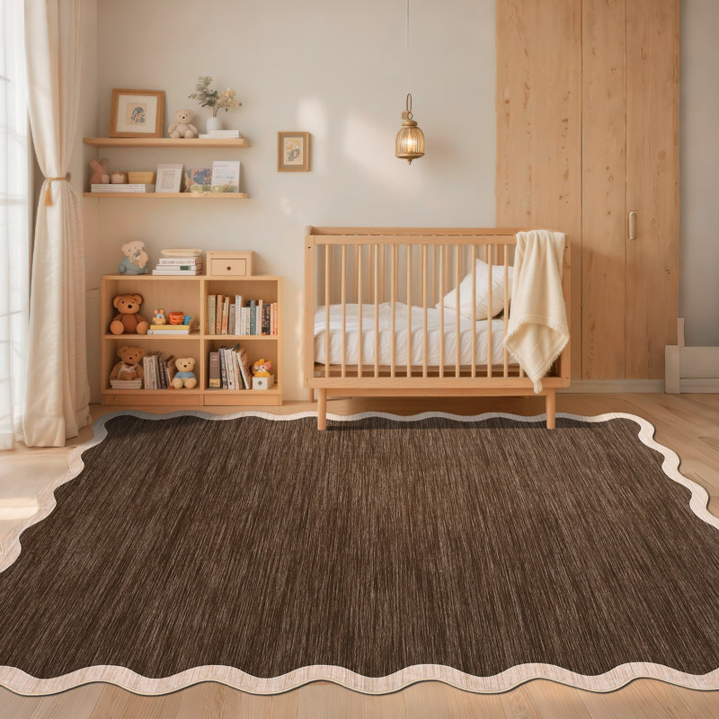Machine Washable Rug Modern Scalloped Rug Non Slip, Neutral Indoor Carpet, Soft Non Shedding Floor Covering, Low Pile Thin Foldable Printed Mats for Living Room Bedroom Nursery