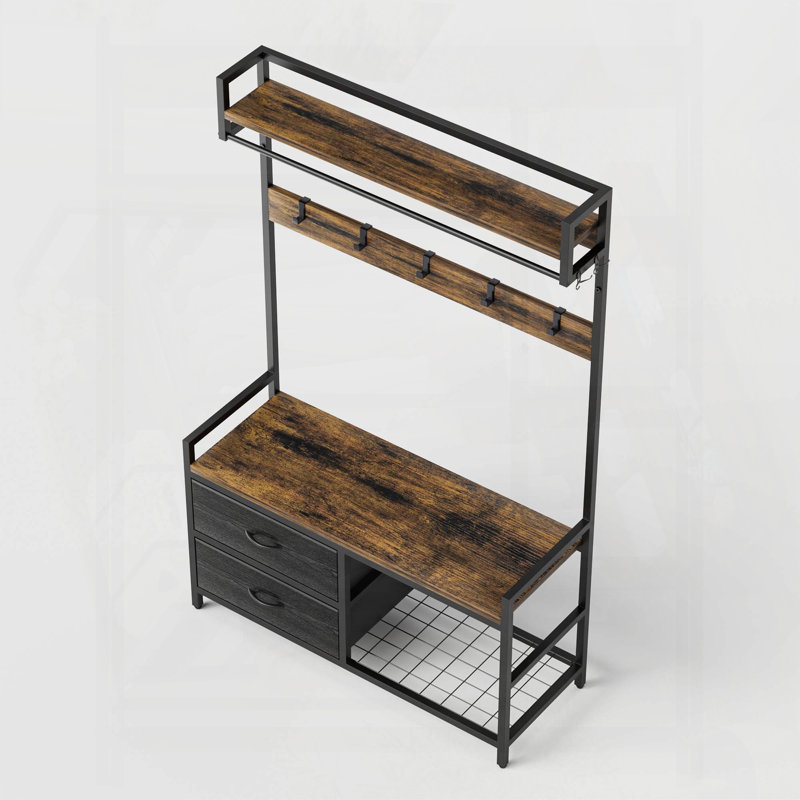33.1" Wide Hall Tree with 23 Hooks and Movable Drawers