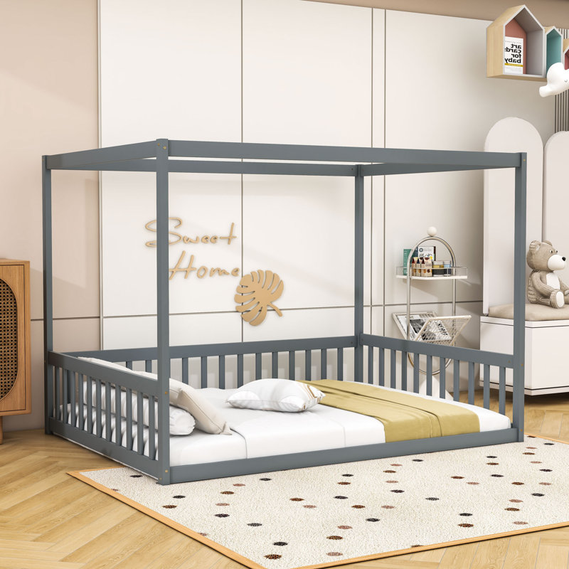 Lit à baldaquin en bois luxueux avec garde-corps, Gris, Double