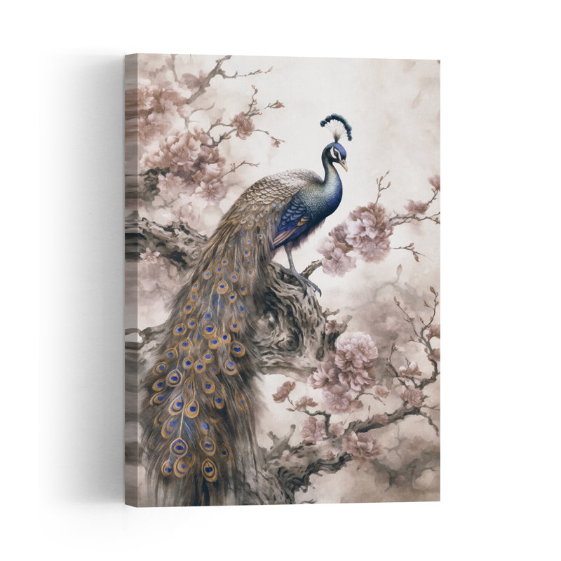 Peacock Among Cherry Blossoms Contemporary Bird Animal Flower Wall Art Print, 60.96cm H x 40.64cm W