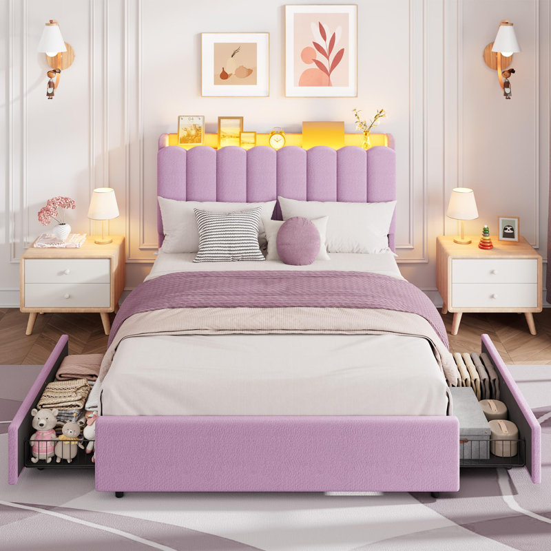 Full Size Bed Frame with Storage Headboard, Kids Bed Frame with 2 Drawers, Boucle Upholstered Platform Bed for Girls, Chic Wavy Headboard with Bookcase, No Box Spring Needed