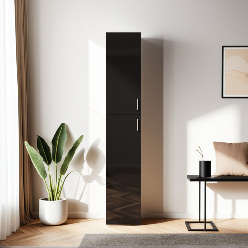 Freestanding Narrow Cabinet With Inadjustable Shelves And 2 Doors For Kitchen, Dining Room, Black