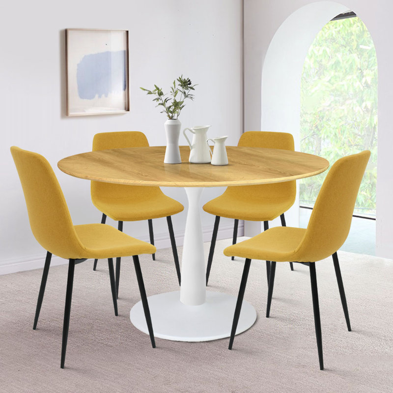 Bassey 4-Person Dining Set with 35" W Round Pedestal Table, Yellow, White