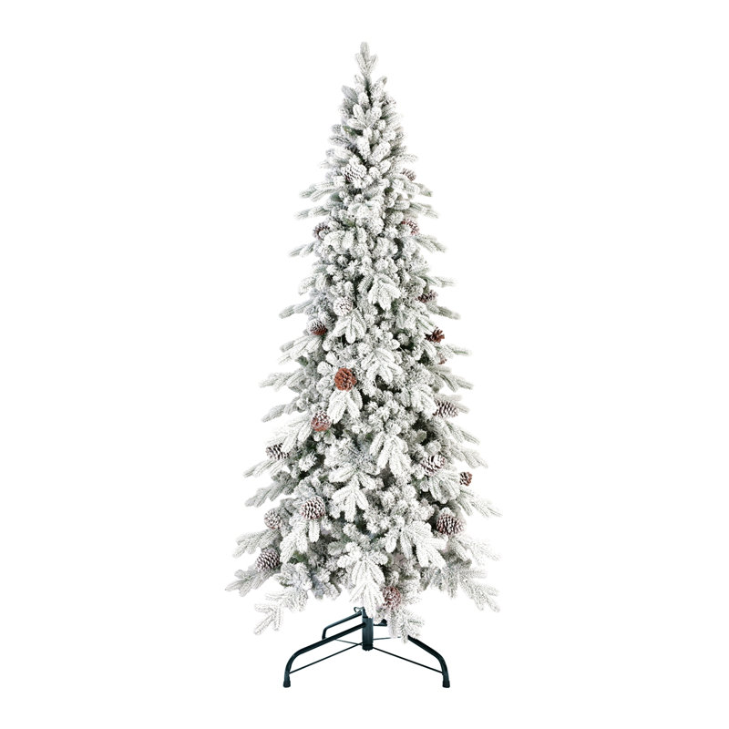 Arbre de Noël floqué en PE / PVC avec pommes de pin naturelles, conception peu encombrante, branches articulées, support en métal stable, aspect enneigé réaliste