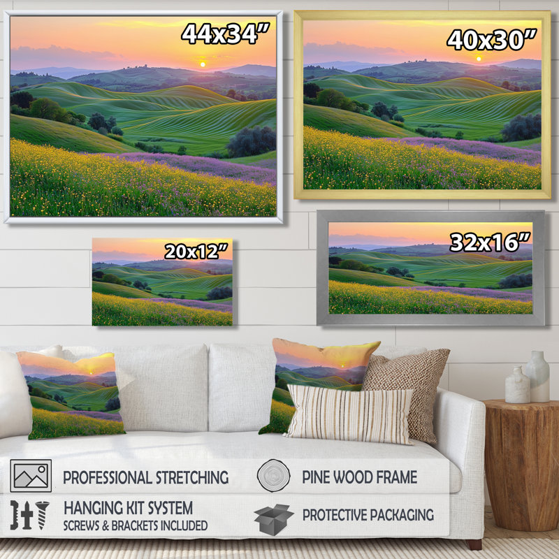 «Countryside Rolling Hills At Golden Hour II», art mural campagne, H 28 po x l 60 po, Cadre flottant, Noir, noir, noir, noir