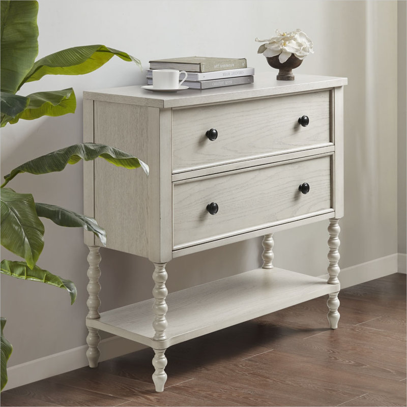 Commode décorative 2 tiroirs avec tablette inférieure, bois massif, finition crème aux tons naturels, pieds tournés traditionnels, L 14,75 po x l 36 po x H 34,25 po