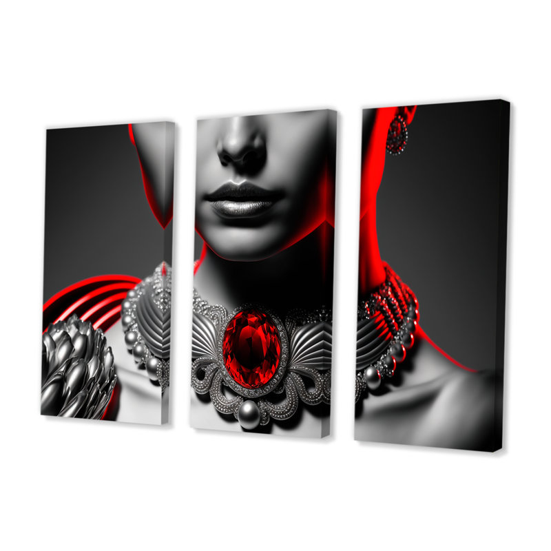 Portrait d'une femme glamour avec un rubis rouge - 3 pièces sur toile, H 28 po x l 36 po x P 1 po, Toile tendue