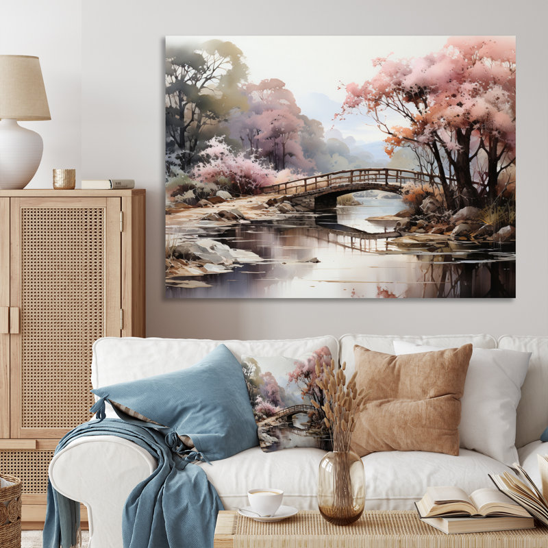 «Mahadevi Pink Bridge Misty Morning Passage», reproduction sur toile, 30" H x 40" W, Toile tendue