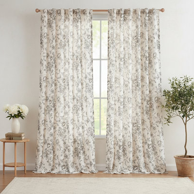 84 Inch Black Peony Floral Linen Curtains - Farmhouse Rod Pocket & Back Tab Drapes For Living Room & Bedroom, 2-Panel Set