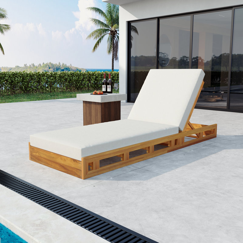 LOUNGE CHAISE SET, ACACIA WOOD WITH WATER-RESISTANT LOUNGE CUSHIONS (CREAM & 4 INCH THICK) - MATCHING DARK GREY VERSION AVAILABLE