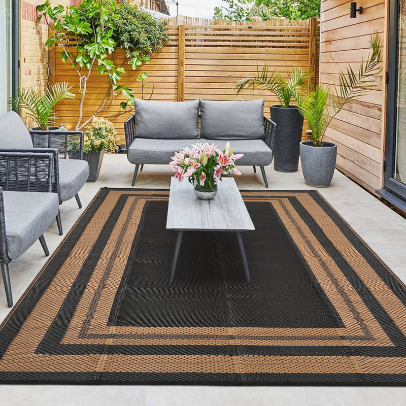 Outdoor Area Rug 10' x 14' Reversible Waterproof Polypropylene Patio Mat with UV Fade Resistance and Corner Loops for Deck, Balcony, Camping or Beach Use