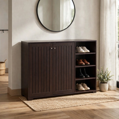 Armoire à chaussures 47 pouces Tuno, 2 portes à lattes, 8 tablettes, rouge cacao