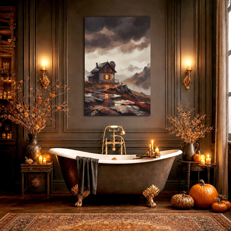 Toile murale d'Halloween « Cabane de montagne avec fenêtre lumineuse sous la pluie », 36"H x 24"W