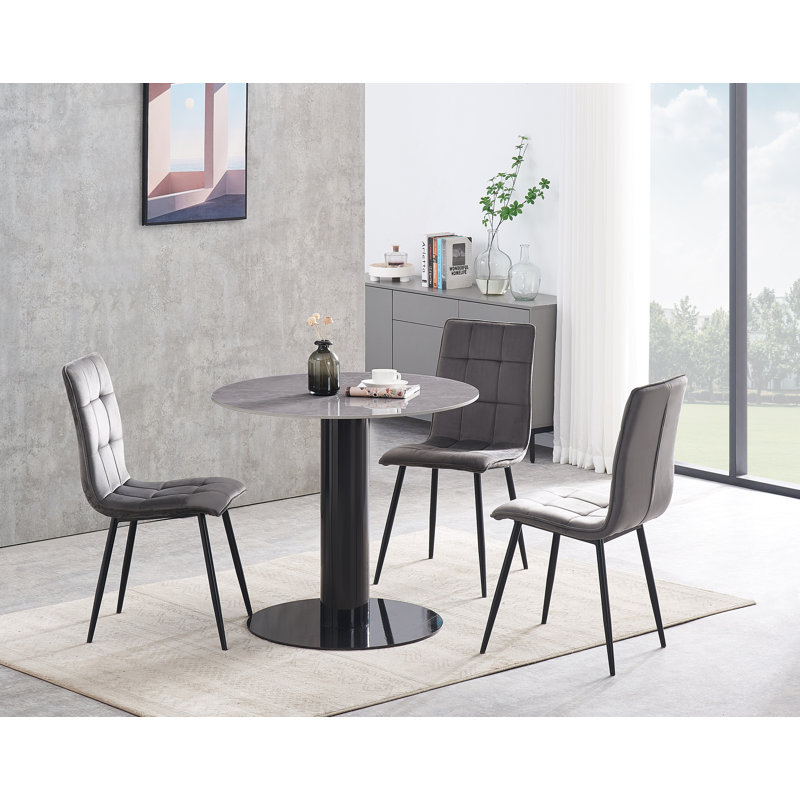 Wachapreague Round Stone Top Metal Base Dining Table, Black