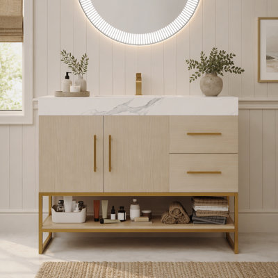  36” Modern Bathroom Vanity with Sink, Sintered Stone Countertop & Ceramic Basin, Waterproof Wood Storage Cabinet with Stainless Steel Support Legs