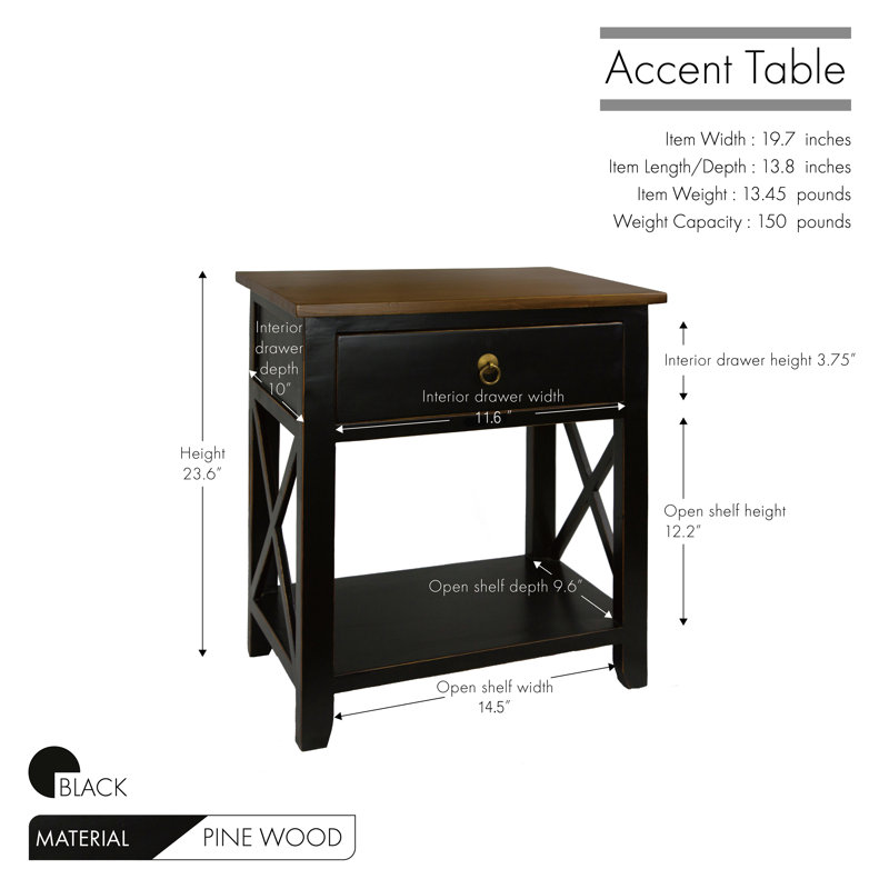 75.44cm W Solid Wood Bedside Table, Black
