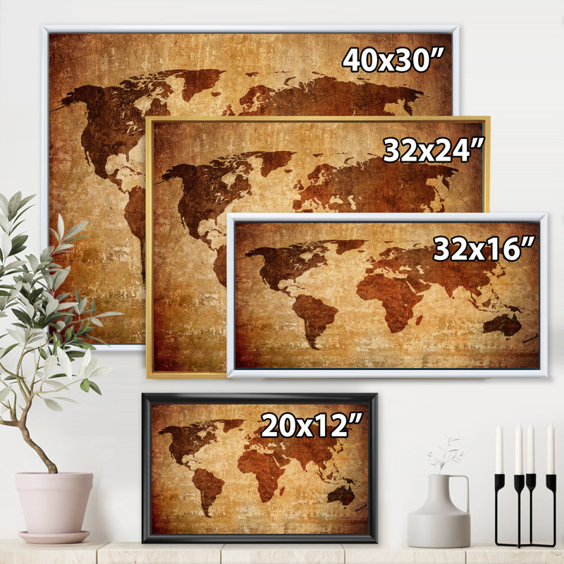 Ancienne carte du monde, impression sur toile, cadre flottant, Doré, H 24 po x l 32 po x P 1 po