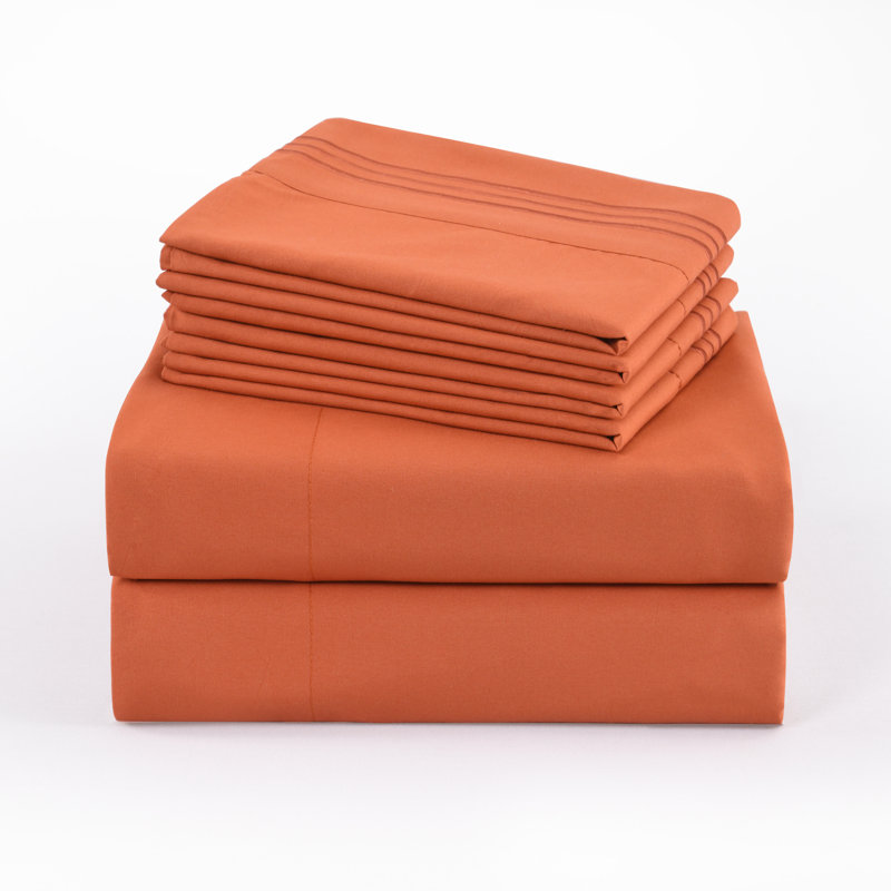 4/6 Pcs Soft Solid & Embroidery Bed Sheets Set, King, Orange