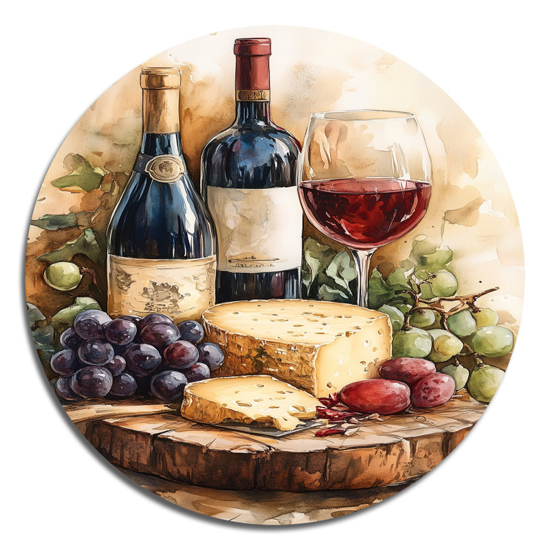 «Brown Wine and Cheese Gathering - Kitchen Still Life», reproduction d'art mural en métal, H 36 po x l 36 po