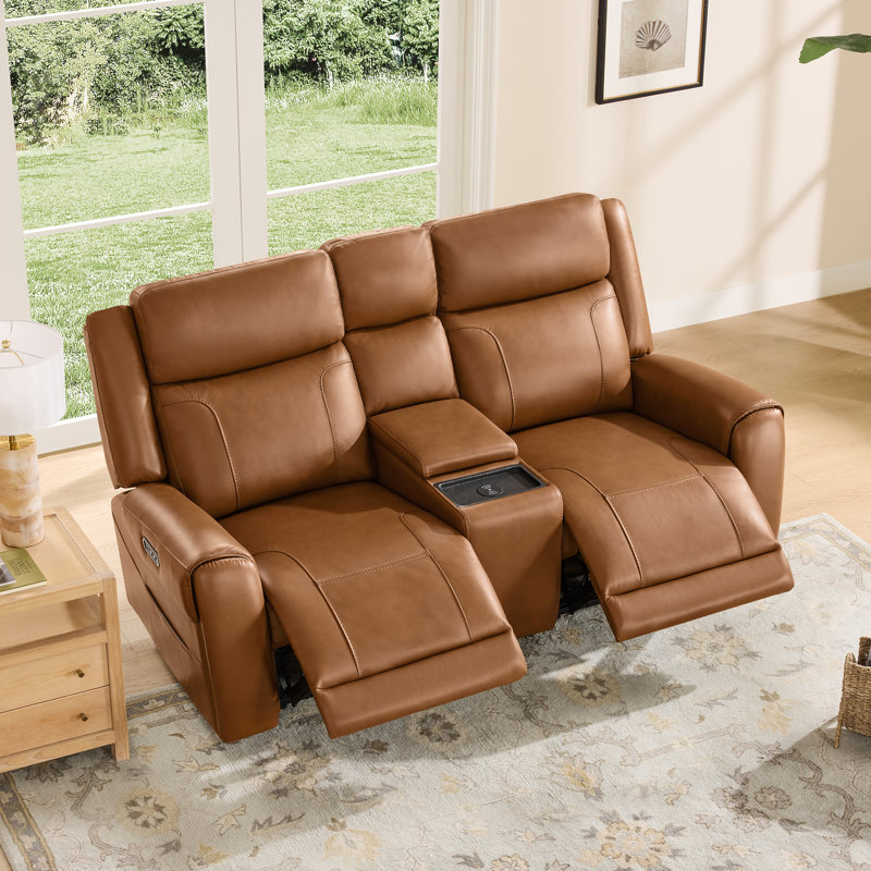 2-Seat Dual Motor Genuine Leather zero clearence recliner Power Recliner Sofa With Power Headrest And Console, Saddle