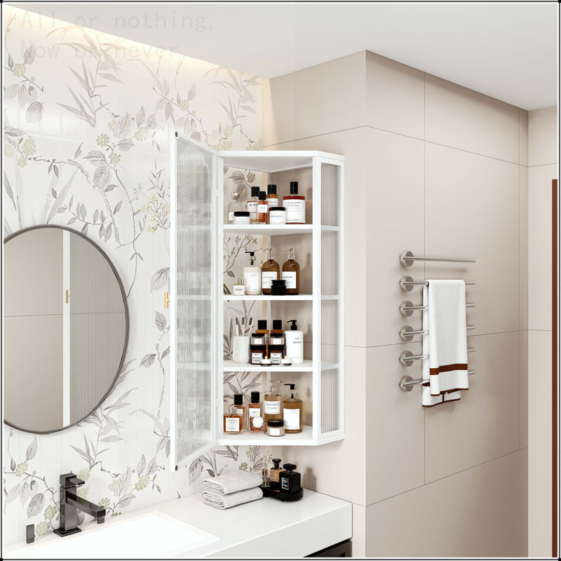 Glass Door Wall Mounted Corner Cabinet with Four-Tier Storage