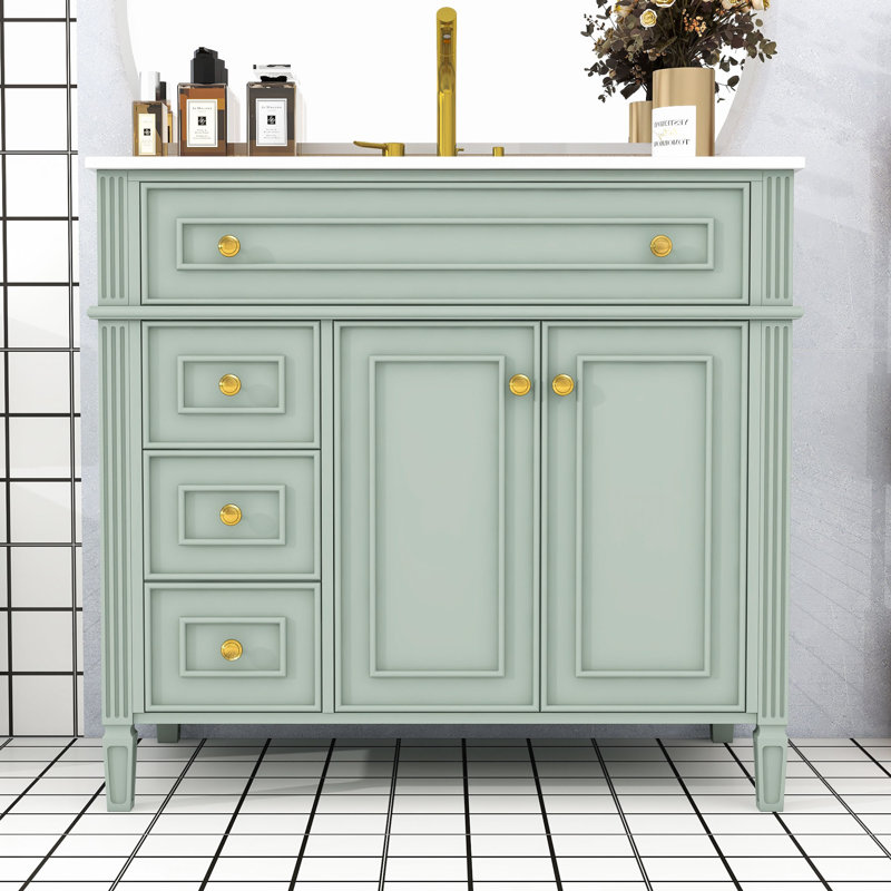 Meuble-lavabo de salle de bain avec lavabo, tiroirs et 2 portes à fermeture en douceur, Vert