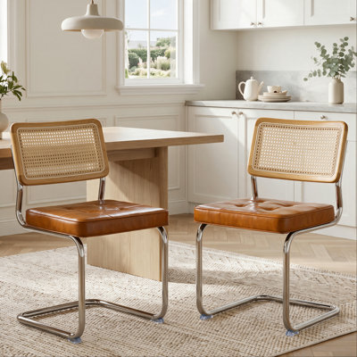 Brown Faux Leather Rattan Dining Chairs Set of 2, Wooden Mid Century Modern Dining Room Chairs, Mesh Back Cane Kitchen Chair, Cesca Design Chairs with Metal Chrome Legs