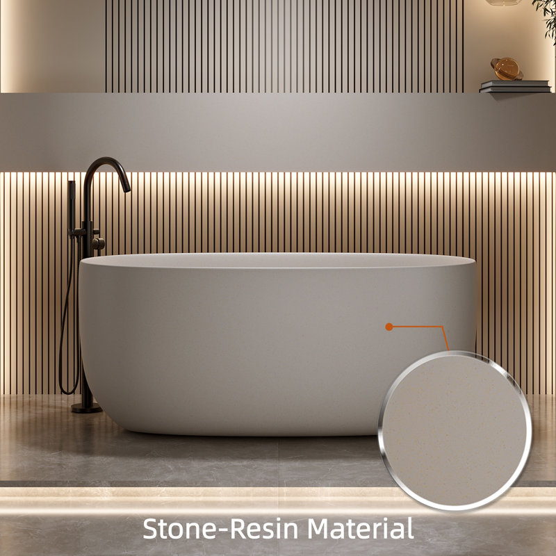 51" Freestanding Stone Resin Bathtub - Matte White Oval With Overflow & Pop-up Drain, Thick Edge Design, Modern Industrial Style