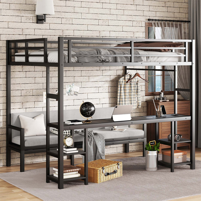 Metal Bunk Bed/Loft Bed With Desk And Shelves, Multiple Uses Folds Into Sofa With LED And USB