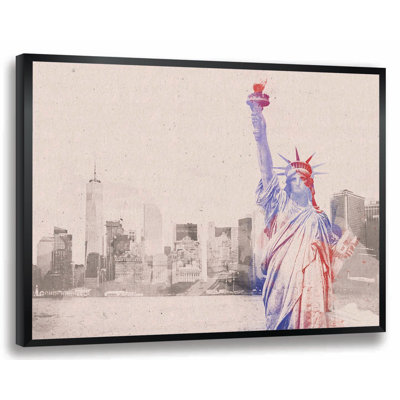 «New York City Skyline and Statue of Liberty Watercolor», reproduction d'art graphique encadrée