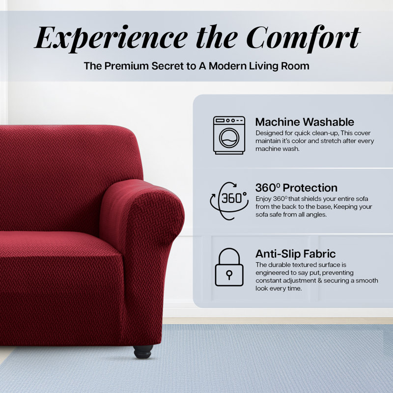 Jacquard Pattern Stretchable Spandex Sofa Slipcover - Stylish Sofa Protector, 179cm H x 224cm W - (2 Seater), Burgundy