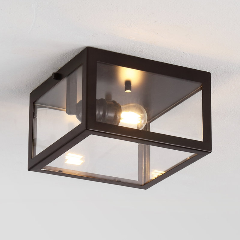 Bechtold Farmhouse Industrial Square Iron/Glass Case LED Flush Mount, Oil Rubbed Bronze, 5" H x 8" W x 8" D