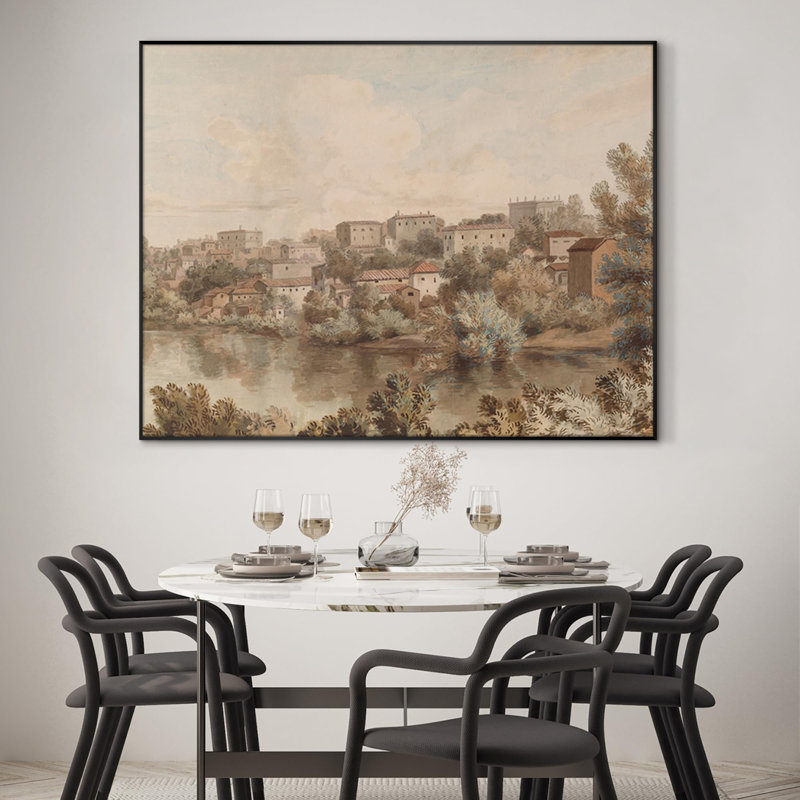 Extra Large Wall Art Fabric Print - Vintage Countryside Landscape European Town River Artwork Decor for Living Room or Bedroom - "Frame Assembly Required (Unfinished Frame)"