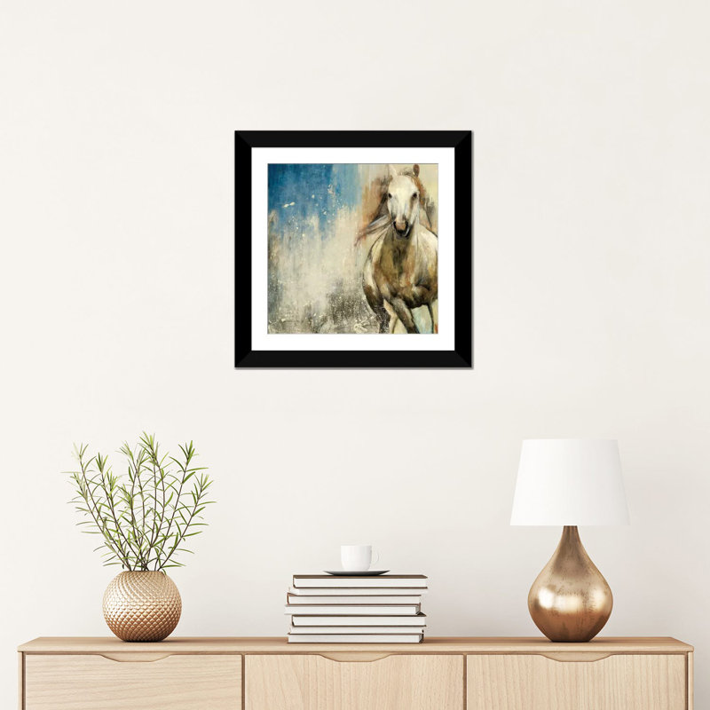 «Horses I», impression sur toile, H 16 po x l 16 po x P 1 po, Papier d'art encadré noir, Blanc