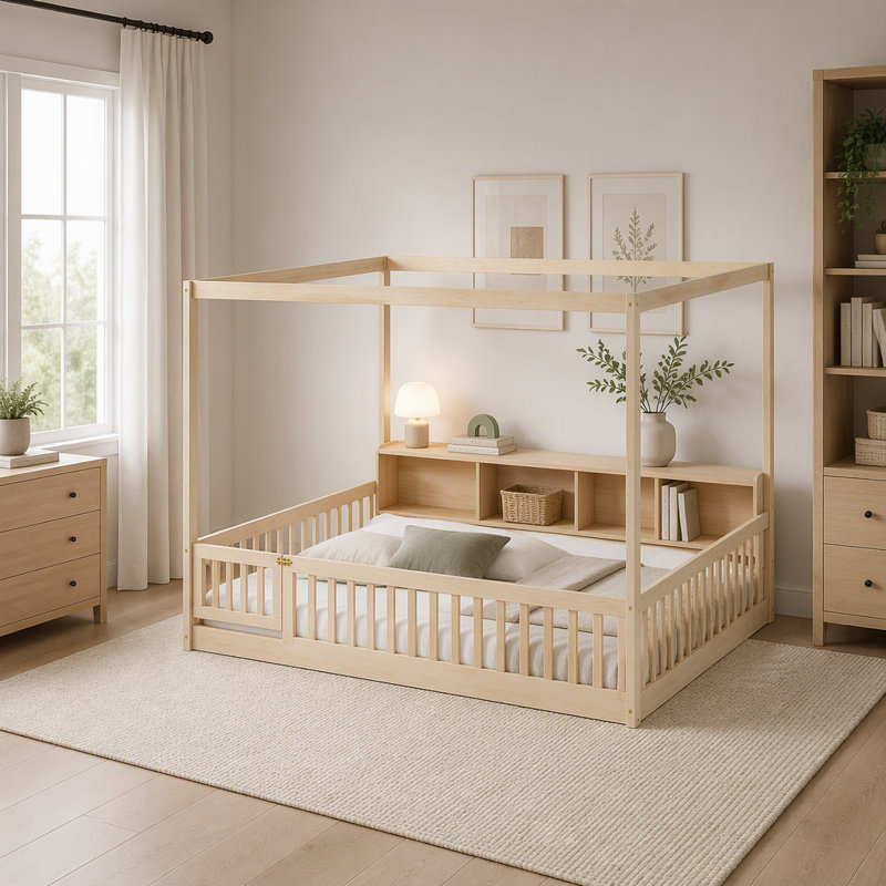 Lit à baldaquin en pin avec tête de lit, rangement encastré et porte d'accès pour chambre d'enfant, Natural