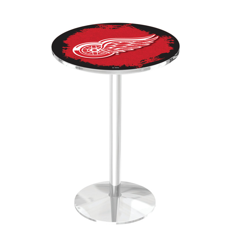 NHL Round Metal Base Dining Table, Chrome, Detroit Red Wings